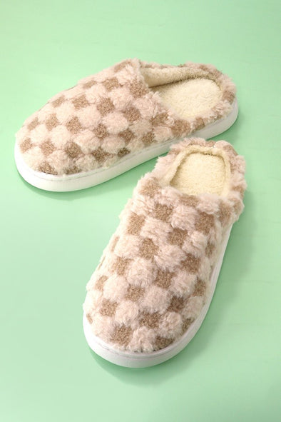 checkered fuzzy slippers brown and off white