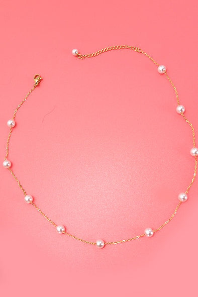 gold pearl station necklace dainty non-tarnish