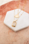 double layered gold necklace stone coin pendant gold bead chain 