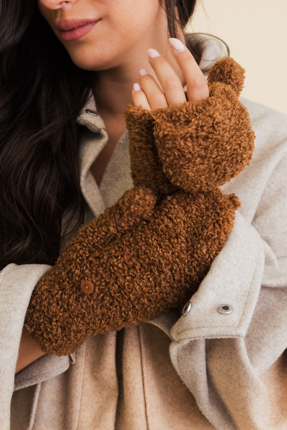 sherpa fleece foldable mittens camel