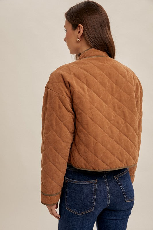 quilted jacket button front flap pockets brown contrast binding