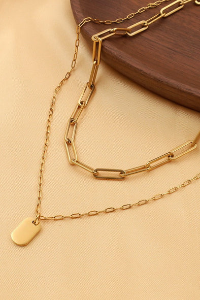 rectangle pendant layered gold necklace