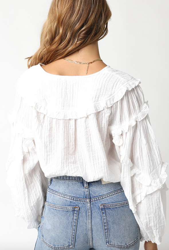 olivaceous white feminine ruffle detail summer long sleeve womens blouse