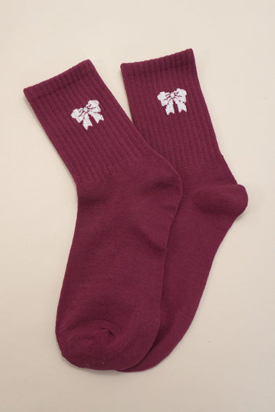 wine red bow crew socks