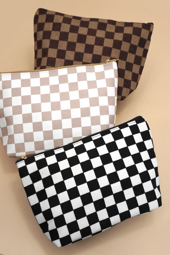 checkered makeup pouch travel bag brown zippered enclosure