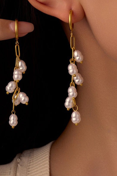 18k gold finished stainless steel pearl dangly earrings