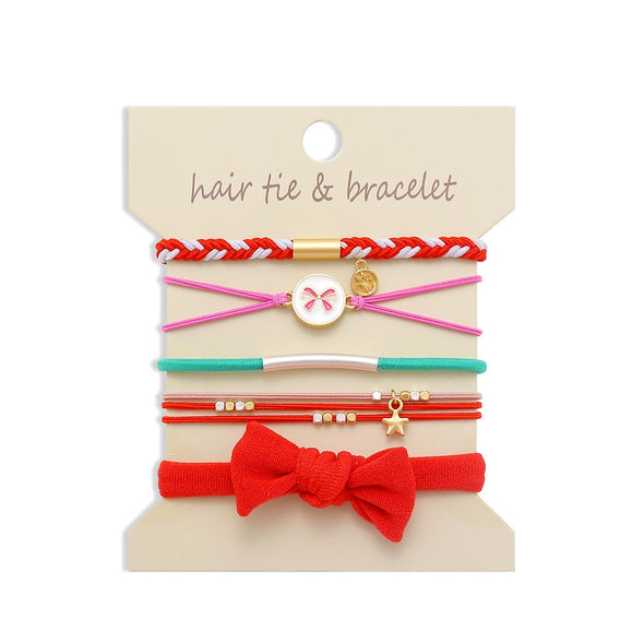 bow hair tie bracelet red set