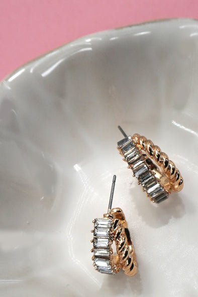 baguette stone entwined huggie hoop gold plated earrings