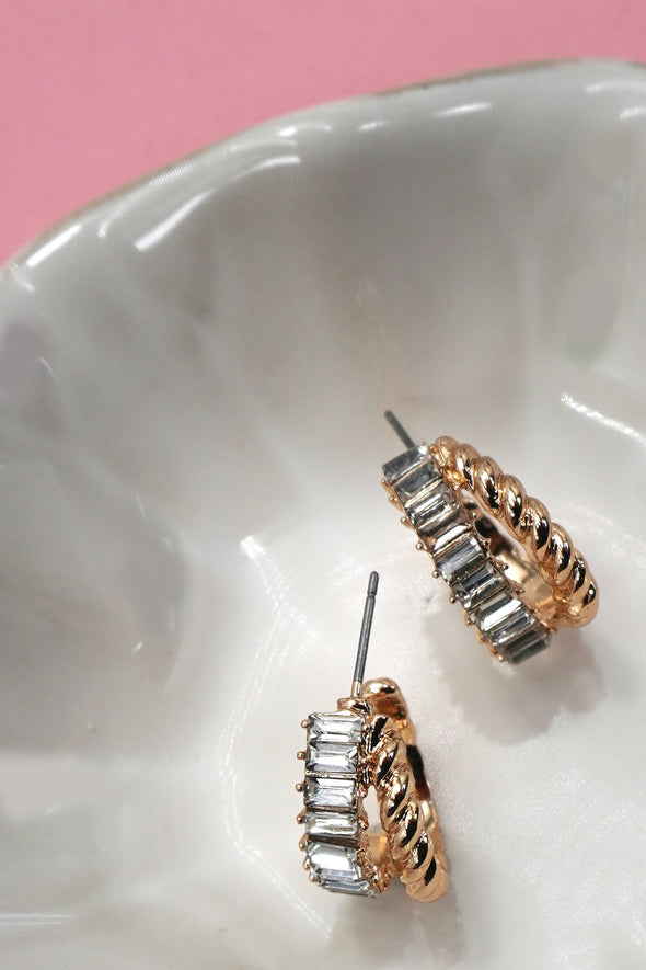 baguette stone entwined huggie hoop gold plated earrings