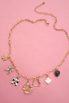 gold charm necklace flower heart checkered