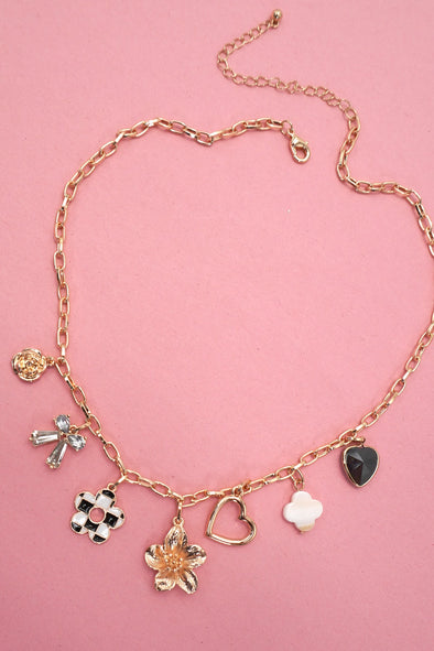 gold charm necklace flower heart checkered