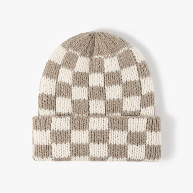 tan off white checkered beanie