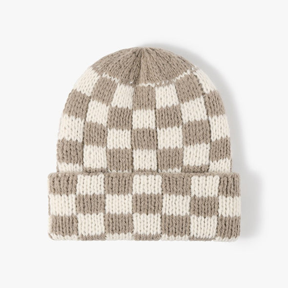 tan off white checkered beanie