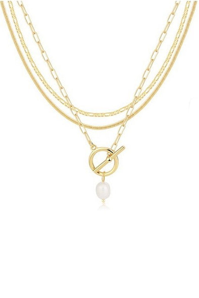 three layered gold necklace pearl charm pendant
