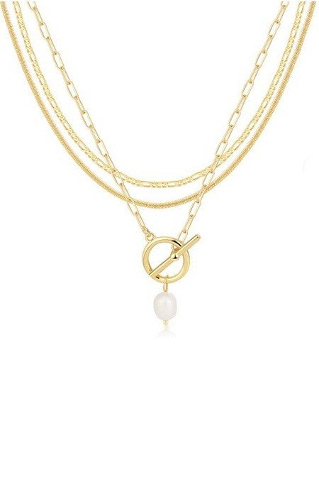 three layered gold necklace pearl charm pendant
