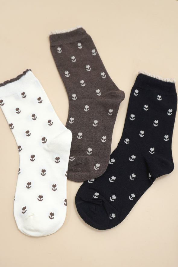 flower print crew socks cotton brown off white