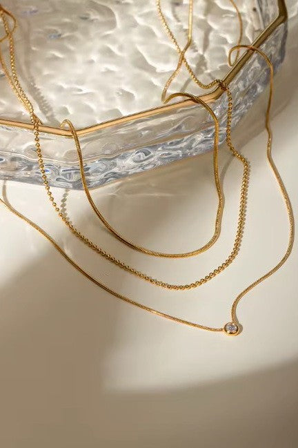 3 layered dainty chain necklace gold rhinestone detail