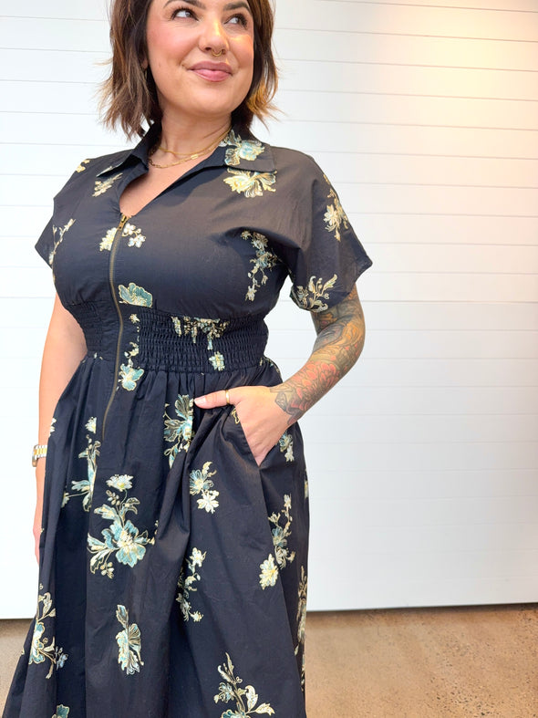 The Jacqueline Paisley Print Smocked Waist Midi Dress