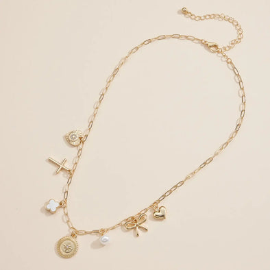 gold charm necklace heart bow cross pearl charms
