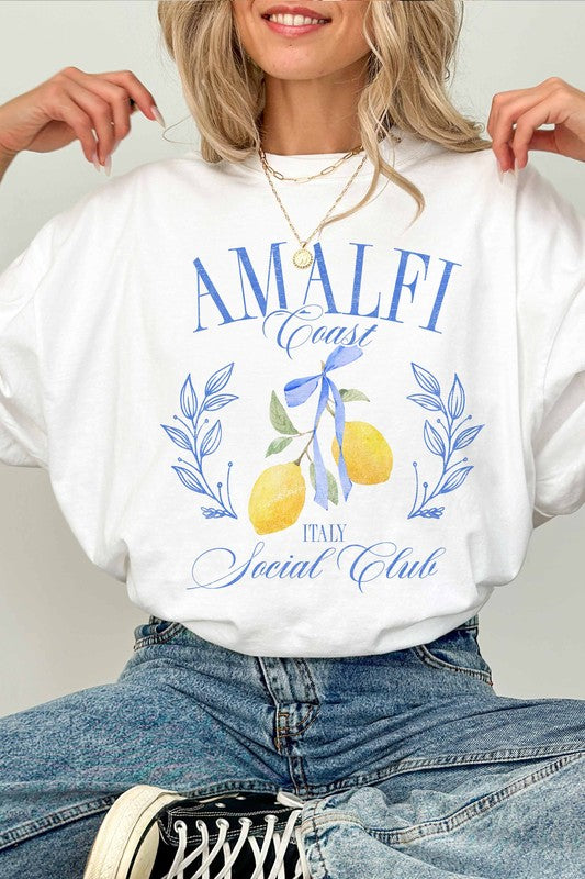 wknder los angeles amalfi coast social club oversized graphic tee premium cotton white blue yellow