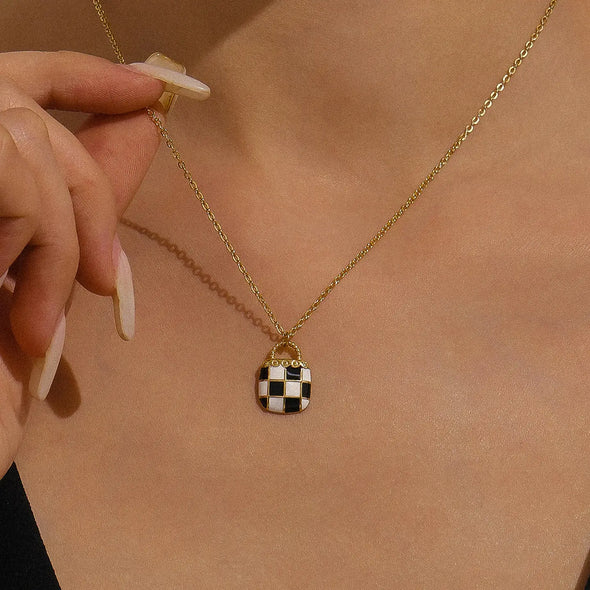 checkered pendant 18k gold plated dainty necklace