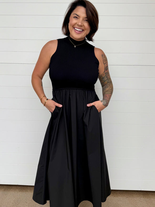 elan mixed fabric midi dress mock neck sleeveless black hidden pocket flowy skirt