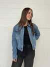 Cropped denim jacket button front collared just black denim medium wash