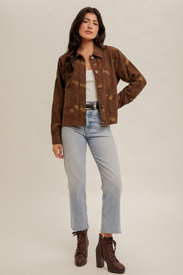 The Willa Floral Embroidered Corduroy Shacket