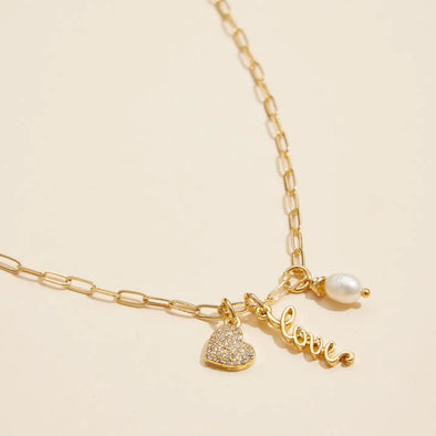 love heart pearl charm paperclip gold necklace