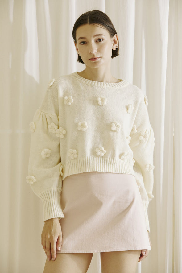 3d daisy knit feminine cropped trendy fall winter crewneck pullover sweater cream