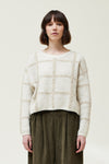 grade and gather cropped grid sweater ivory cozy fuzzy neutral plaid crew neckline