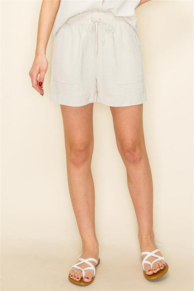 sand staccato draw string elastic waist side pockets crinkled solid color shorts