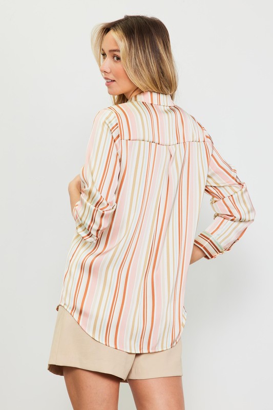 skies are blue neutral satin stripe button down collared shirt womens summer fashion top