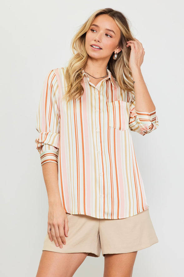 skies are blue neutral satin stripe button down collared shirt womens summer fashion top