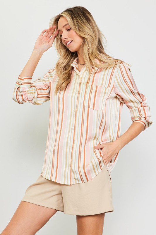 skies are blue neutral satin stripe button down collared shirt womens summer fashion top