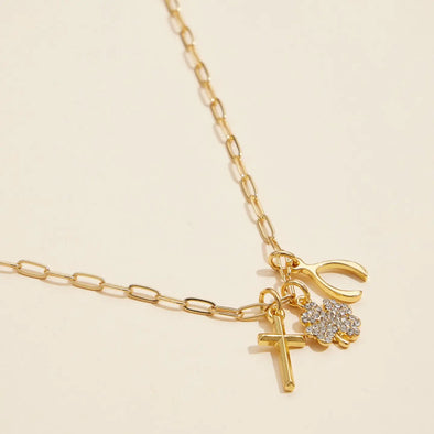 cross wishbone clover charm paperclip chain gold necklace