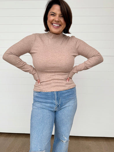 Fitted mock neck long sleeve ribbed top tan