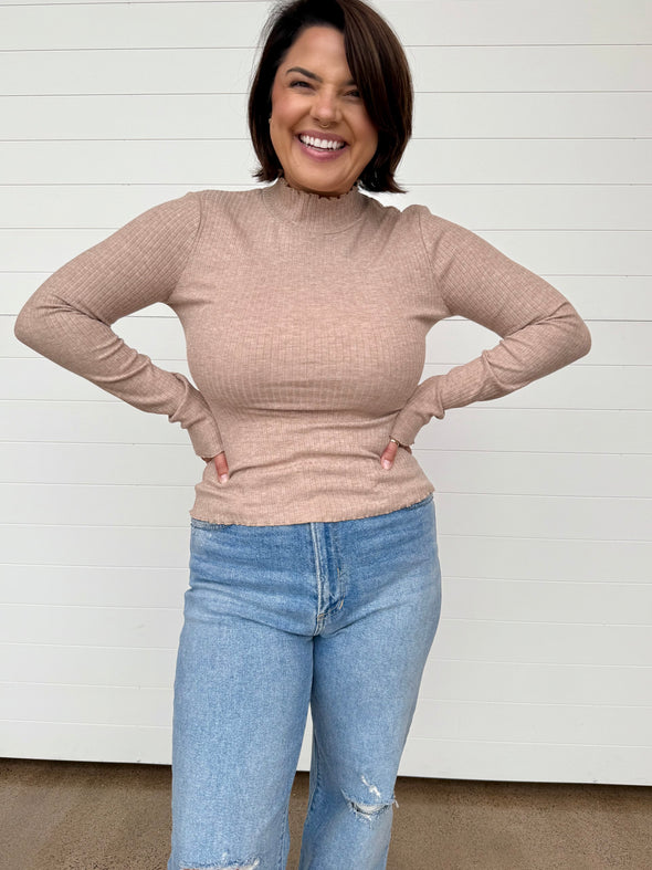 Fitted mock neck long sleeve ribbed top tan