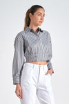 gray stripe button up collared cropped smocked detail