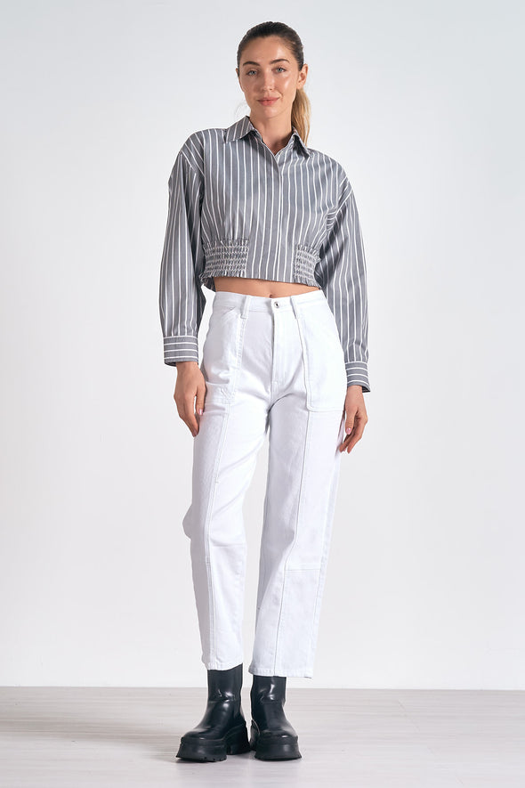 gray stripe button up collared cropped smocked detail