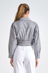 gray stripe button up collared cropped smocked detail