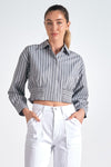 gray stripe button up collared cropped smocked detail