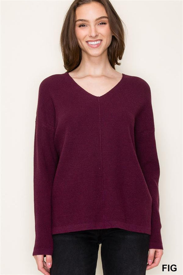 staccato v-neck sweater waffle knit front seam longer length 