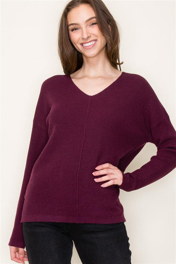 staccato v-neck sweater waffle knit front seam longer length 