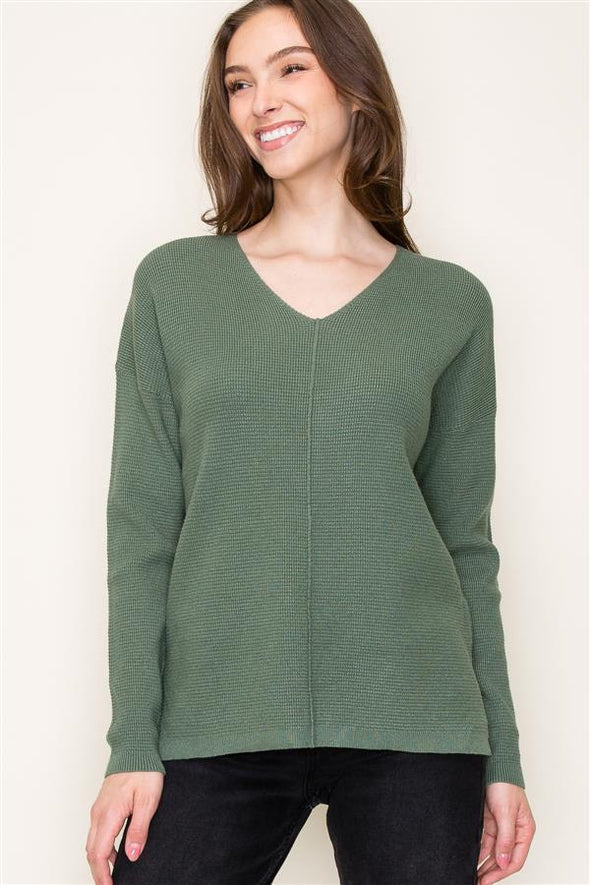 staccato v-neck sweater waffle knit front seam longer length 