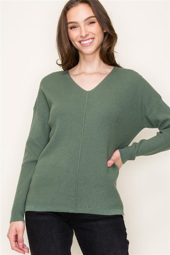 staccato v-neck sweater waffle knit front seam longer length 