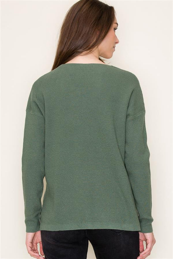 staccato v-neck sweater waffle knit front seam longer length 