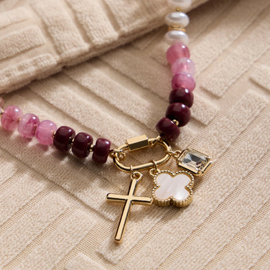 pink multi colored beaded charm necklace cross charm
