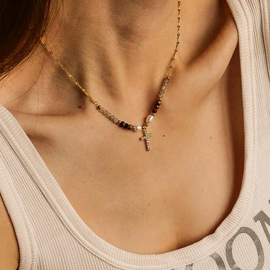 gold beaded cross necklace dainty