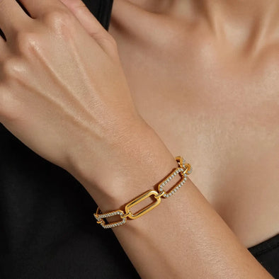 rhinestone paperclip chain bracelet 18k gold plated